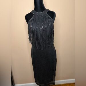 MAC Cosmetics Black Sequin Fringe Midi Dress